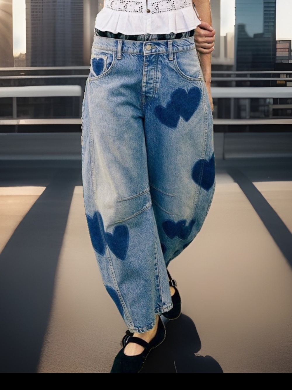 Y2K Women's Heart Print Barrel Jean Boyfriend Cut Pockets Wide Leg Sz 2X-Large